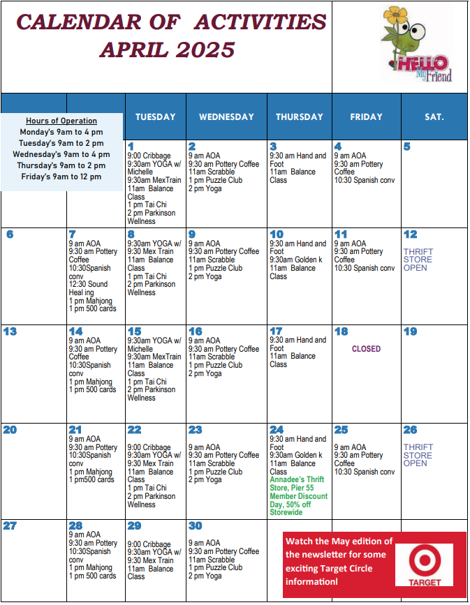 Pier 55 monthly calendar