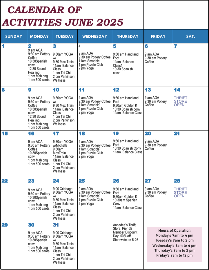 Pier 55 monthly calendar